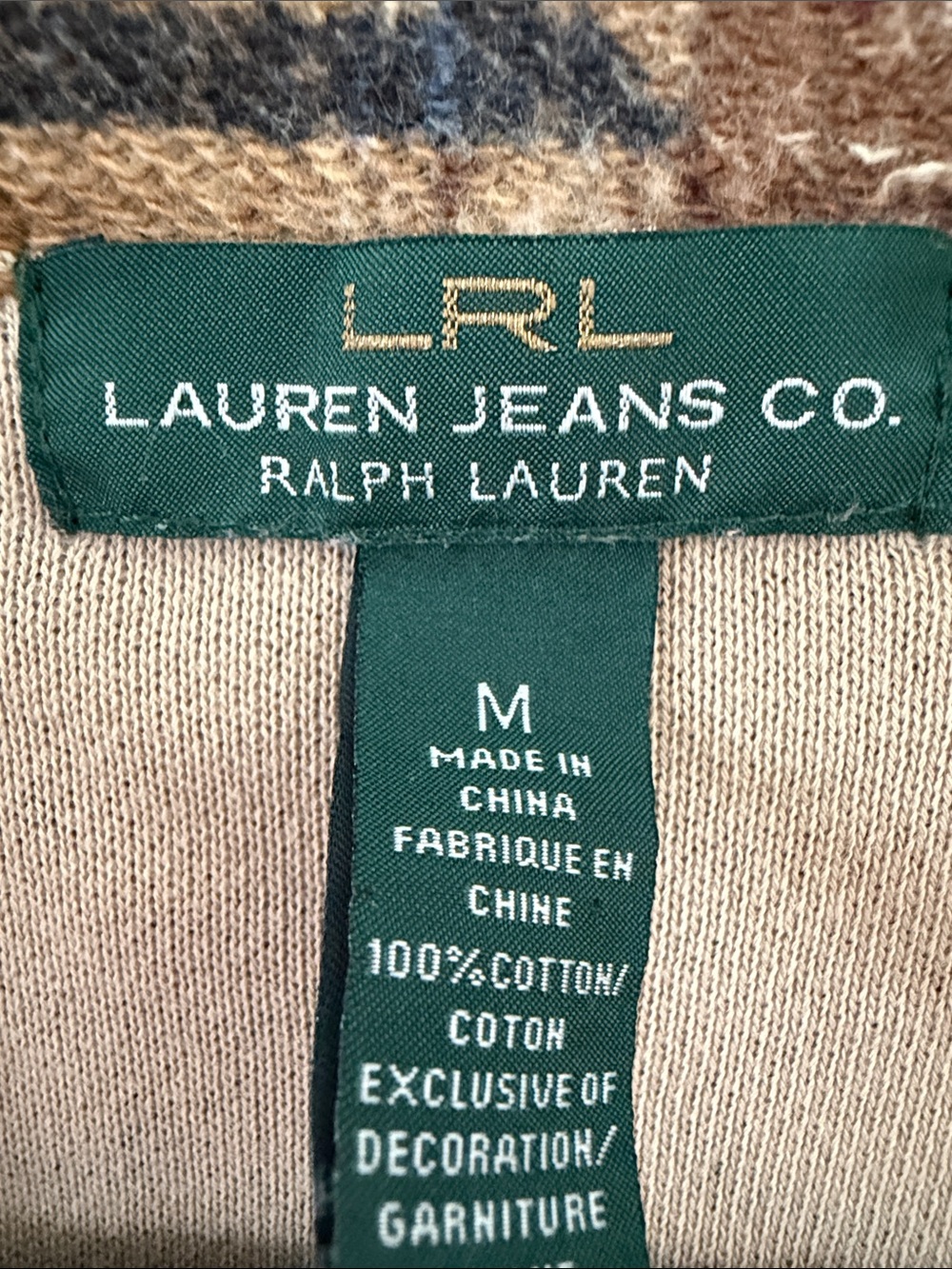 Lauren Ralph Lauren Tan, Burgundy & Navy Geometric Shawl Cardigan - Picture 2 of 4